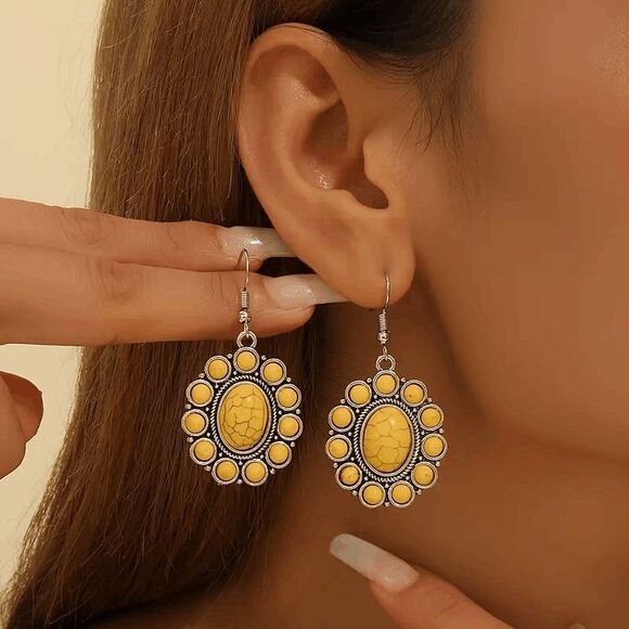 Western Boho Yellow Turquoise Dangle Earrings - Picture 1 of 4